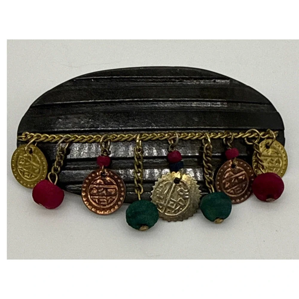 Vintage Boho Oval Hair Barrette with Dangle Coins and Colorful Beads French Clip
